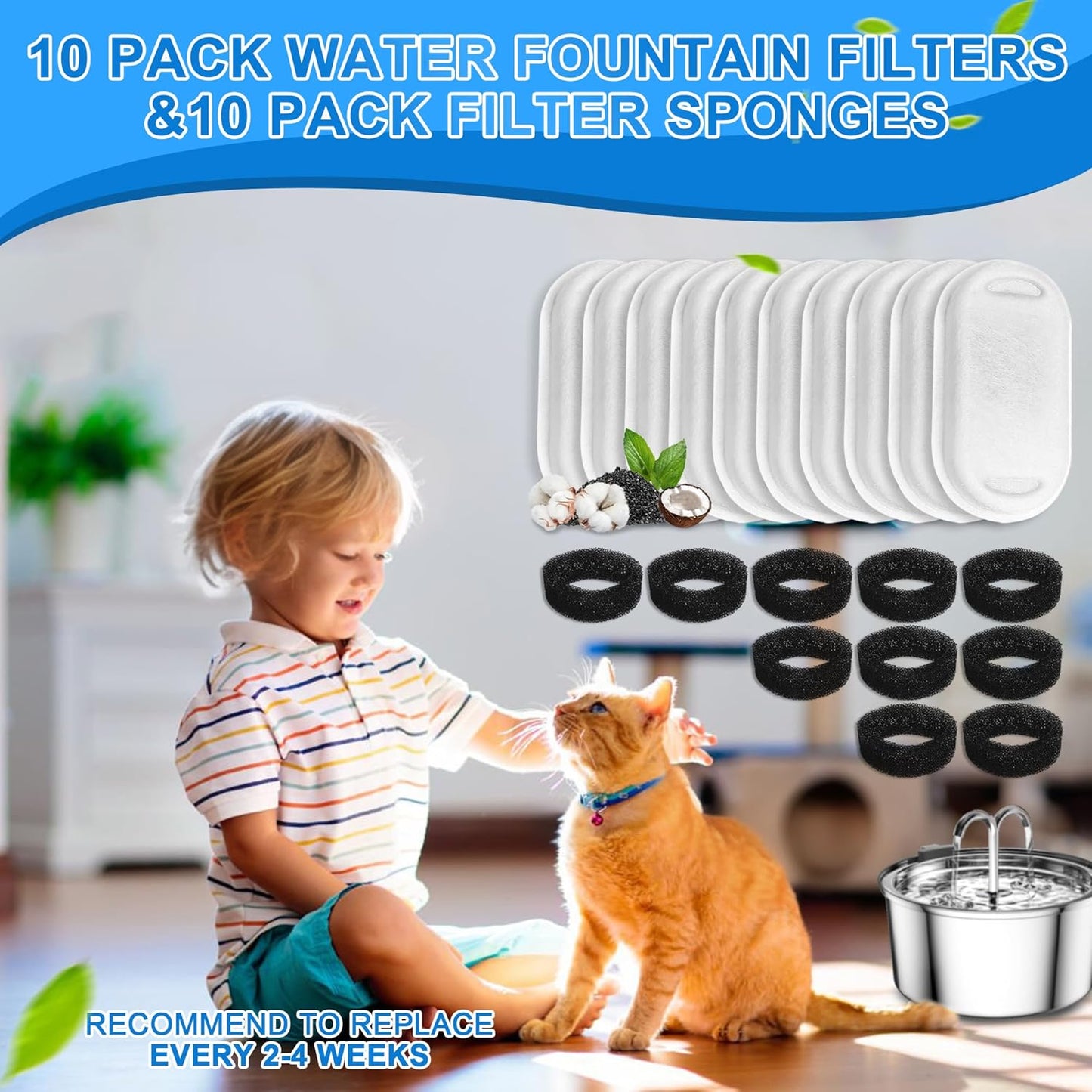 Cat Water Fountain Filters, 24 Pack Cat Fountain Replacement Filters for Stainless Steel 108 oz/3.2L& 67oz/2L adjustable Water Flow Pet Water Fountain,Dog Water Fountain Filters（12 Filters& 12 Sponges)