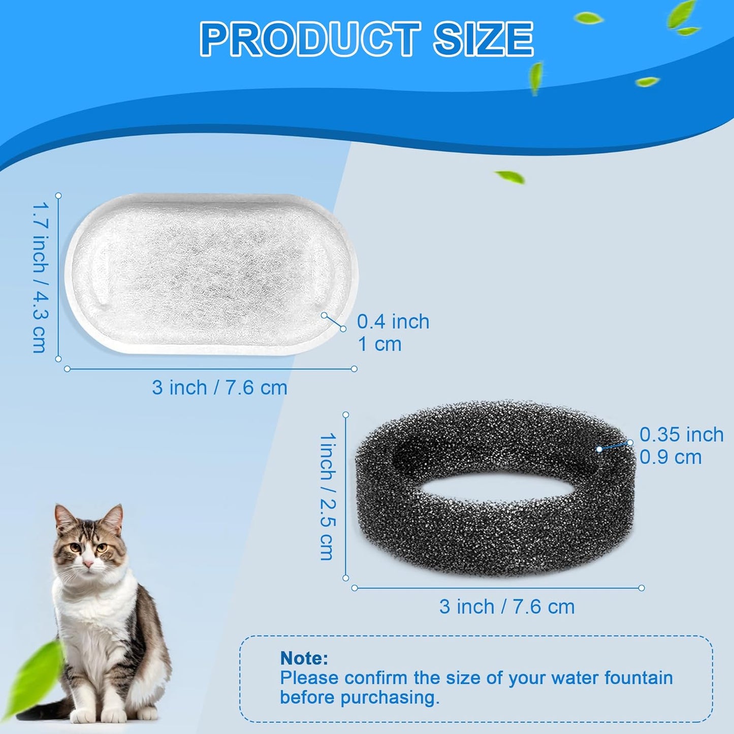 Cat Water Fountain Filters, 24 Pack Cat Fountain Replacement Filters for Stainless Steel 108 oz/3.2L& 67oz/2L adjustable Water Flow Pet Water Fountain,Dog Water Fountain Filters（12 Filters& 12 Sponges)