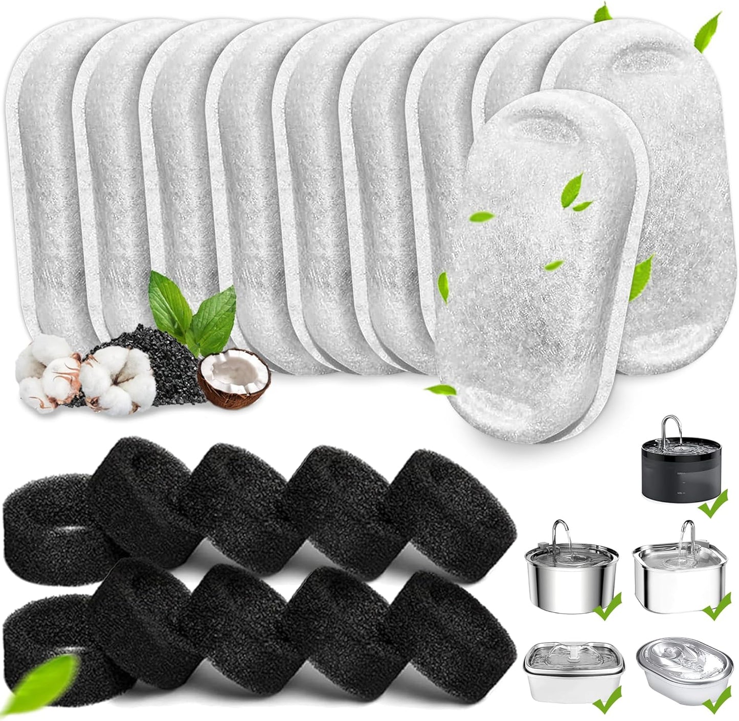 Cat Water Fountain Filters, 24 Pack Cat Fountain Replacement Filters for Stainless Steel 108 oz/3.2L& 67oz/2L adjustable Water Flow Pet Water Fountain,Dog Water Fountain Filters（12 Filters& 12 Sponges)